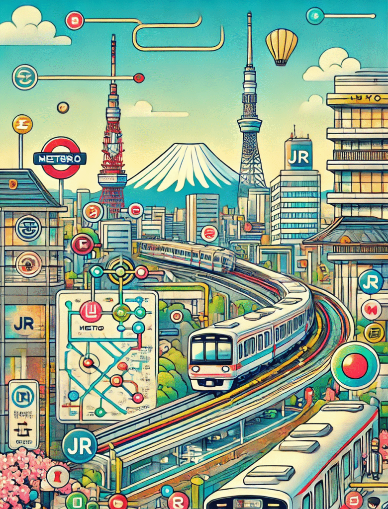 A colorful illustration of Tokyo’s transport system showing JR and Metro lines, trains, Tokyo Tower, Skytree, and Mount Fuji, representing the complexity and beauty of urban transportation in Tokyo.